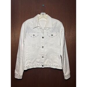 Ethyl White Denim Trucker Jacket Rhinestone Embellished Studded Western Y2K